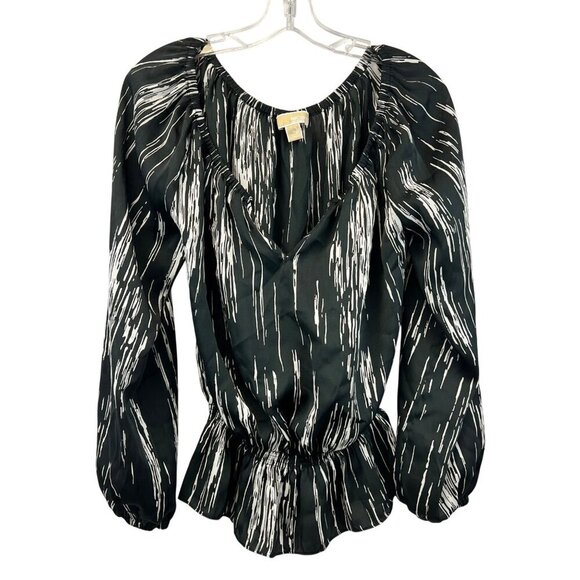 Michael Kors Womens Scoop Neck Long Sleeve Top Cinched Waist Black/White Medium - Picture 1 of 8